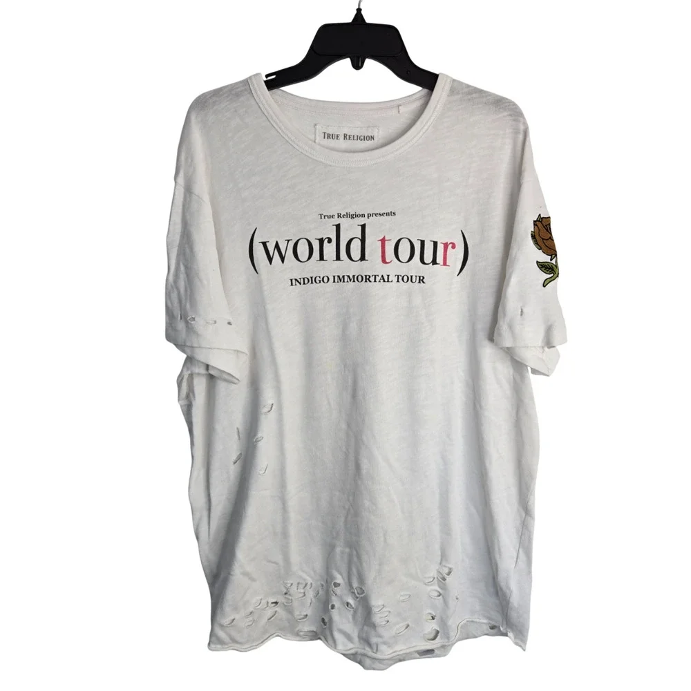 Vintage True Religion White Buddha Immortal World Tour Ripped Men's T-shirt 2XL